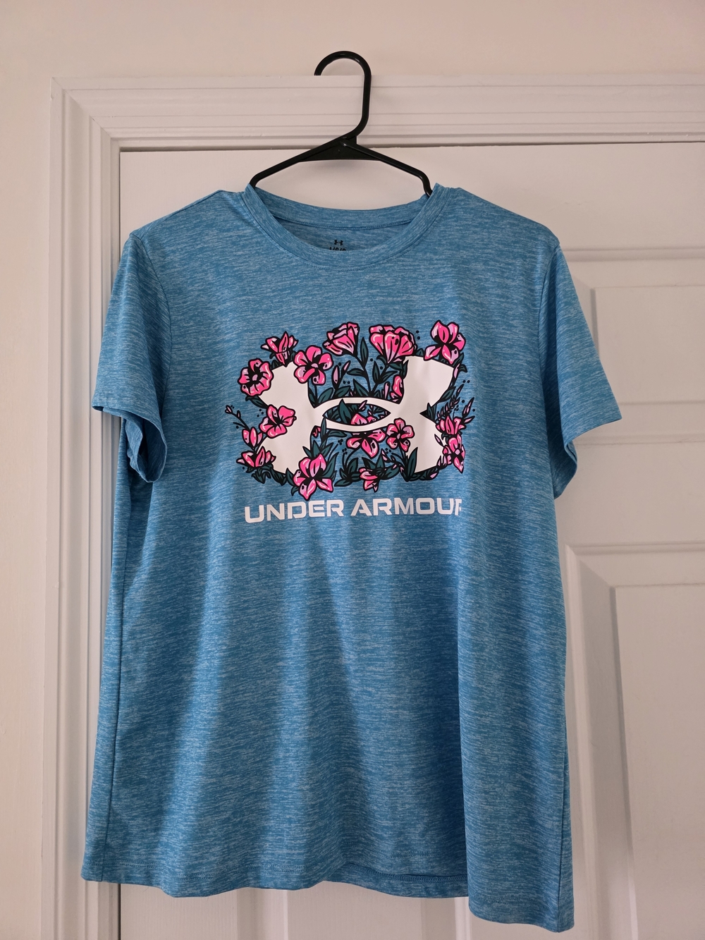 Under Armour Blue Heather Tee with Pink Floral Logo (Like New)